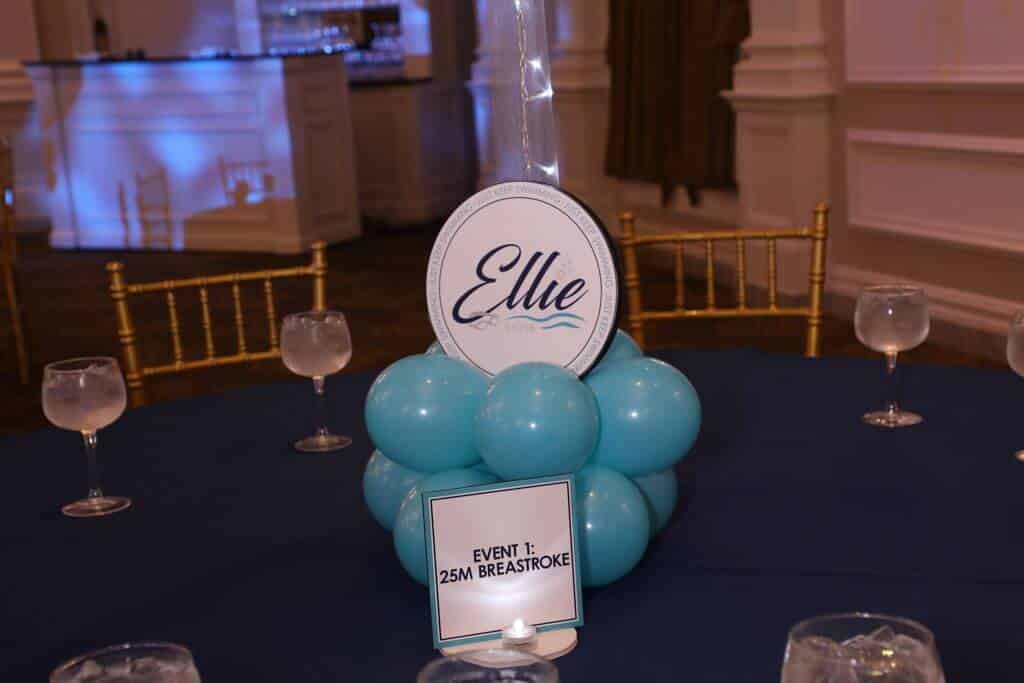 Turquoise Balloon Centerpiece Base with Custom Swim Themed Logo
