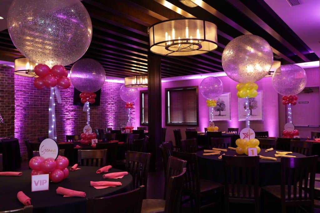 LED Sparkle Balloon Centerpieces for Hot Pink and Yellow Neon Themed Bat Mitzvah at the Park West Loft, NJ