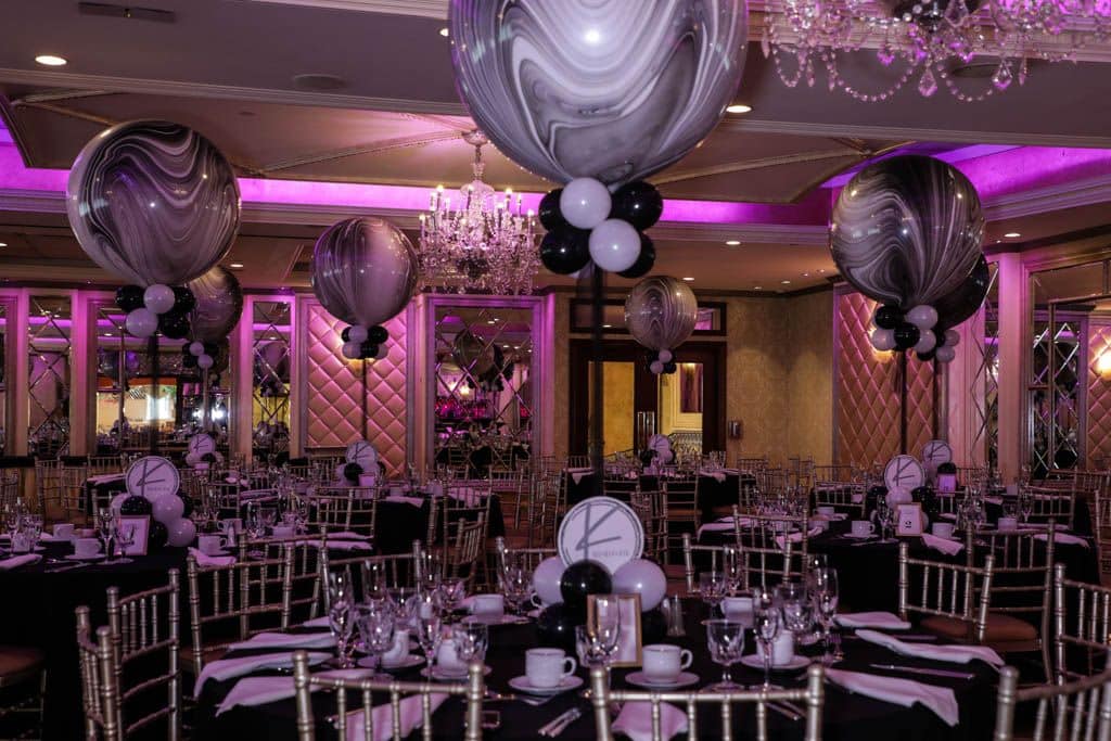 Black and White Marble Balloon Centerpieces with Custom Logo Base at Seasons, NJ