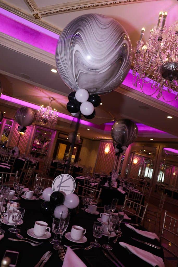 Black and White Marble Balloon Centerpieces with Custom Logo Base at Seasons, NJ