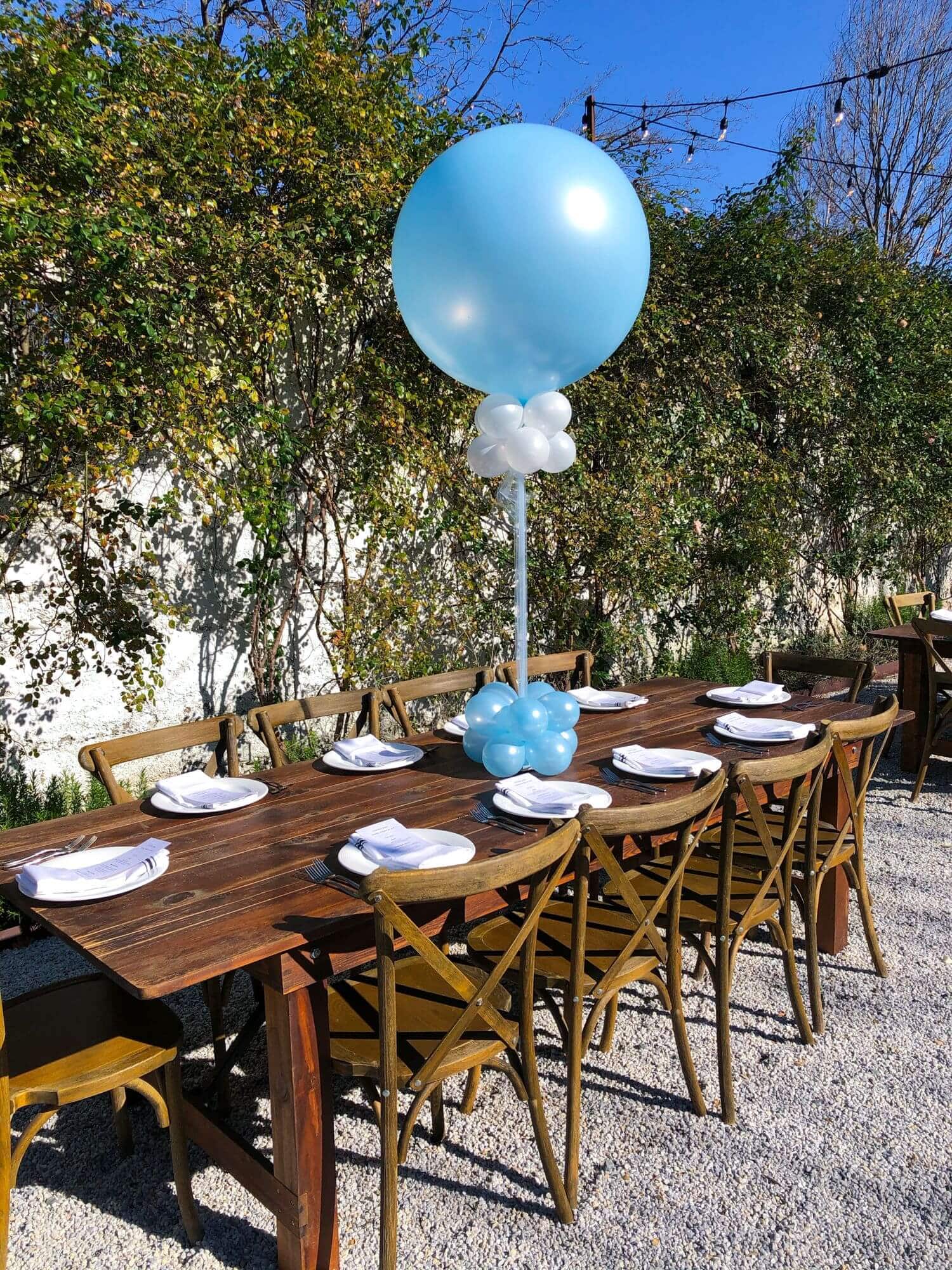 Pale Blue Balloon Centerpiece for Outdoor Baby Shower at Valley Rock Inn