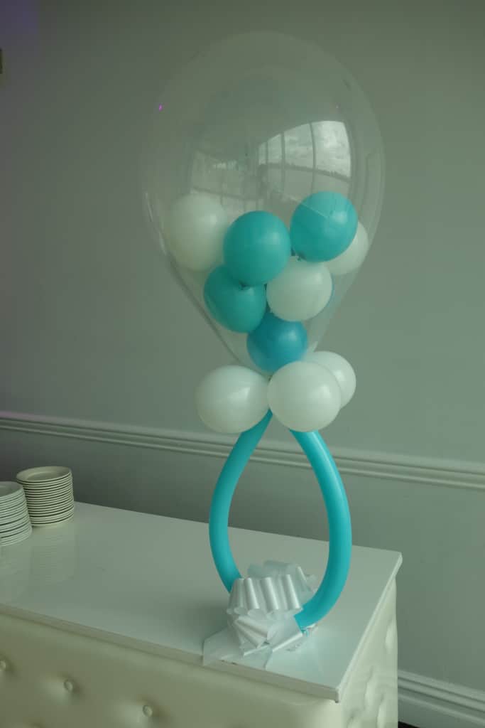 Turquoise and White Baby Rattle Balloon Centerpiece
