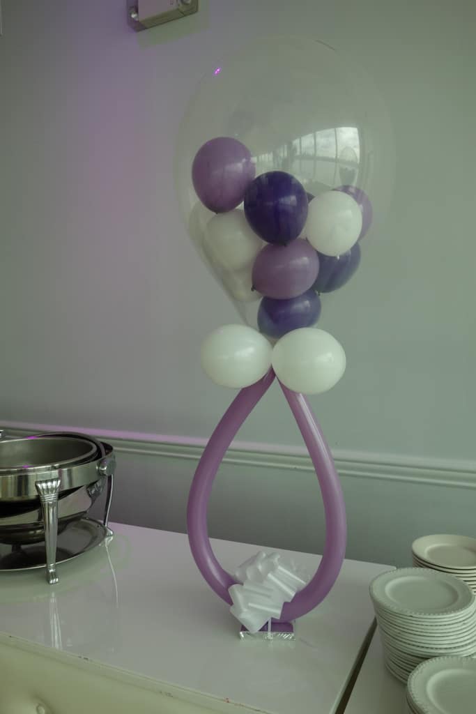 Lavender and White Baby Rattle Balloon Centerpiece