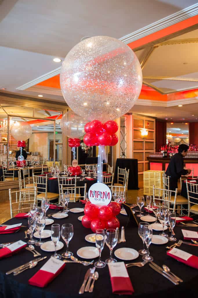 Red and Silver Sparkle Balloon Centerpiece with Custom Logo Base