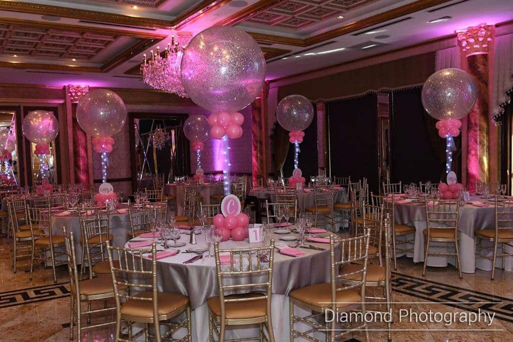 Pink and Silver Sparkle Balloons with LED Lighting and Custom Logo Base at Seasons, NJ