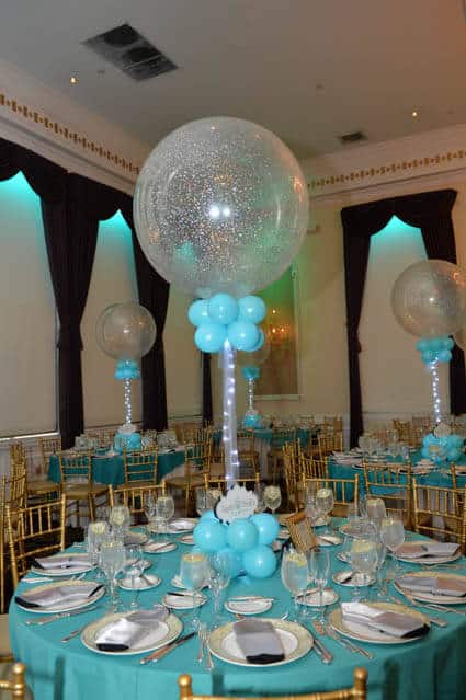 Silver and Tiffany Sparkle Balloon Centerpiece with Custom Cutout Logo & Lights