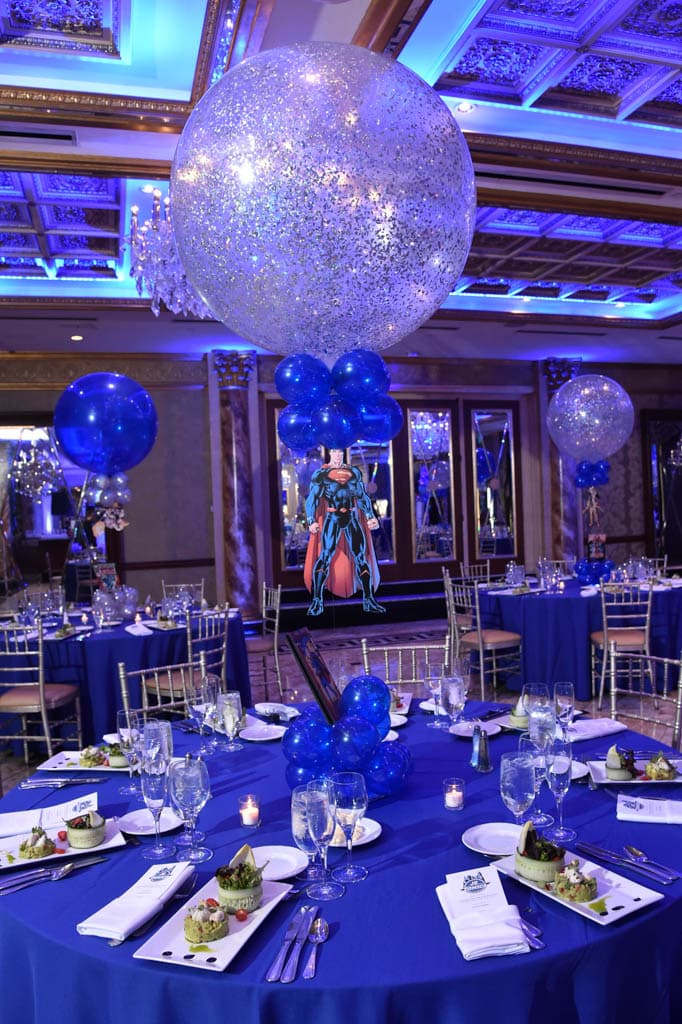 Comic Themed Balloon Centerpiece with Book Cover in Base and Floating Character Cutout