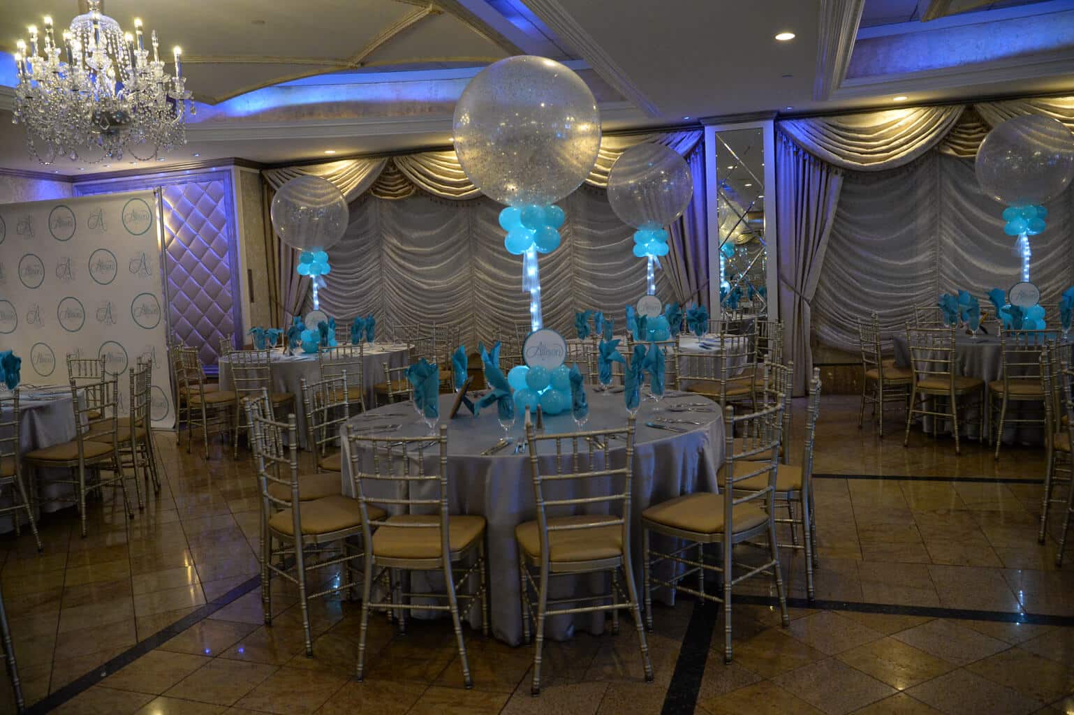 Silver and Turquoise Sparkle Balloon Centerpiece with Custom Logo Base