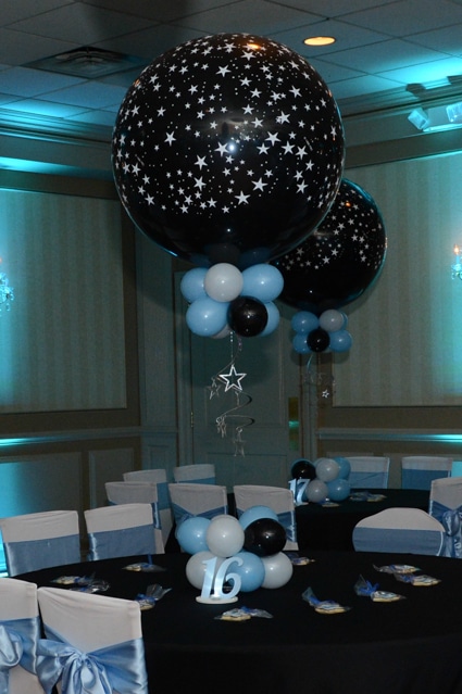 Black and Light Blue Star Balloon Centerpiece with Star Mobile