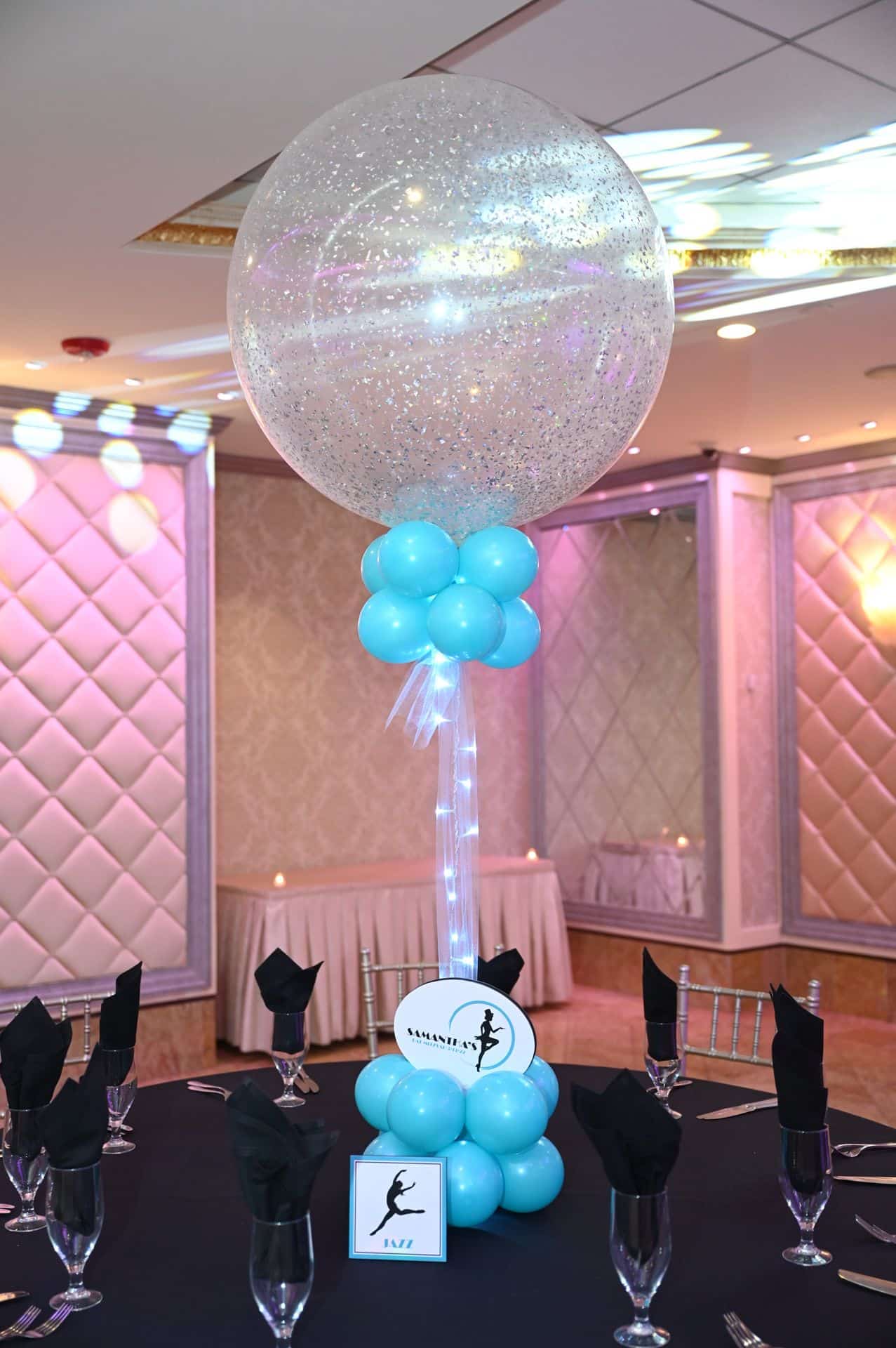 Turquoise and Silver Sparkle Balloon Centerpiece with Custom Logo Base