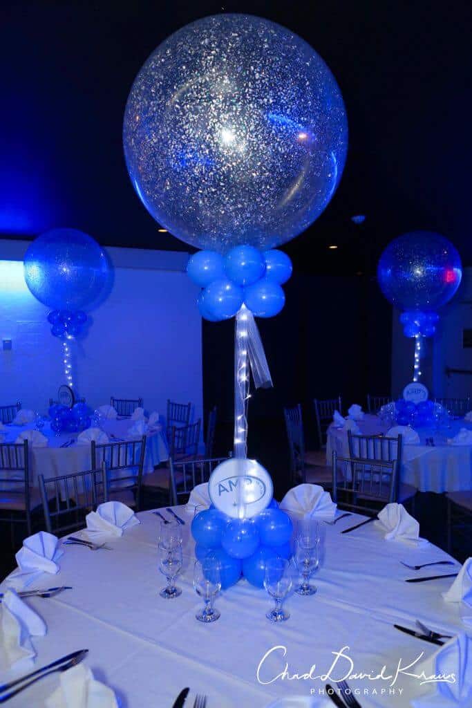 Perwinkle and Silver Sparkle Balloon Centerpiece with Lights and Custom Logo in Base