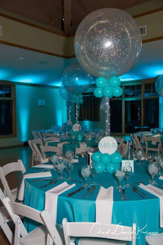 Tiffany Blue & Silver Sparkle Balloon Centerpiece with Lights and Custom Logo in Base