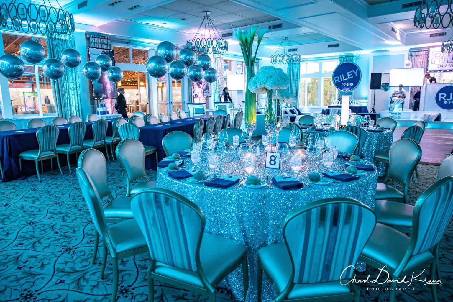 Silver Orbz Balloon Scape as Centerpiece for Turquoise and Navy Bat Mitzvah