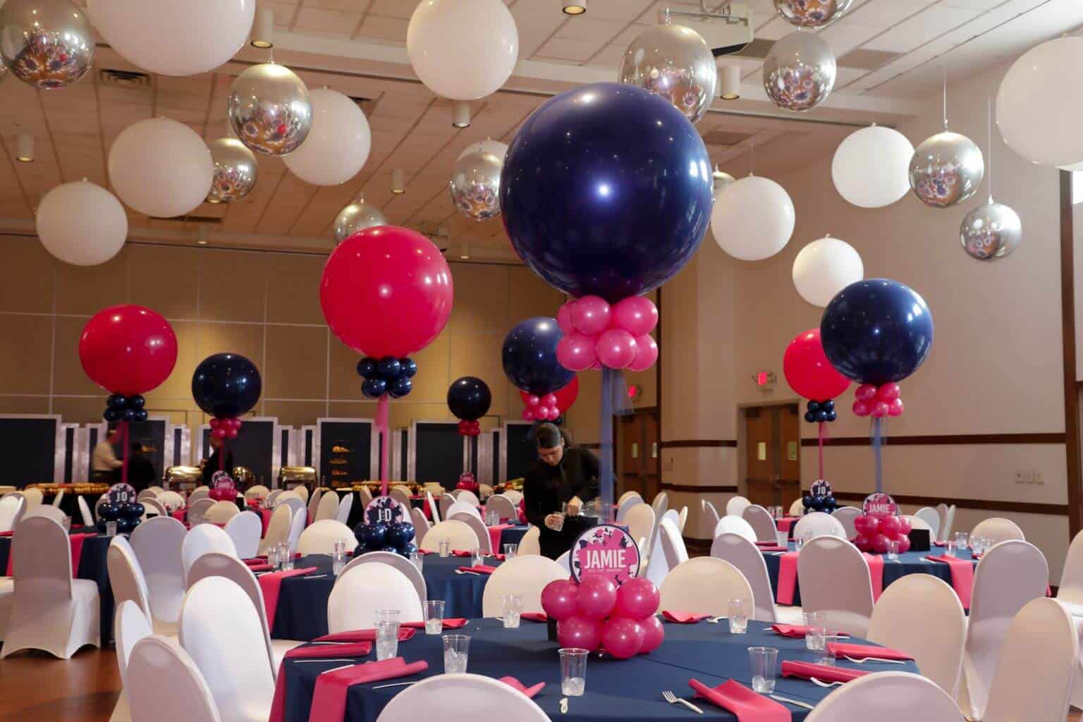 Navy and Hot Pink Balloon Centerpieces with Balloon Base and Logo Sign
