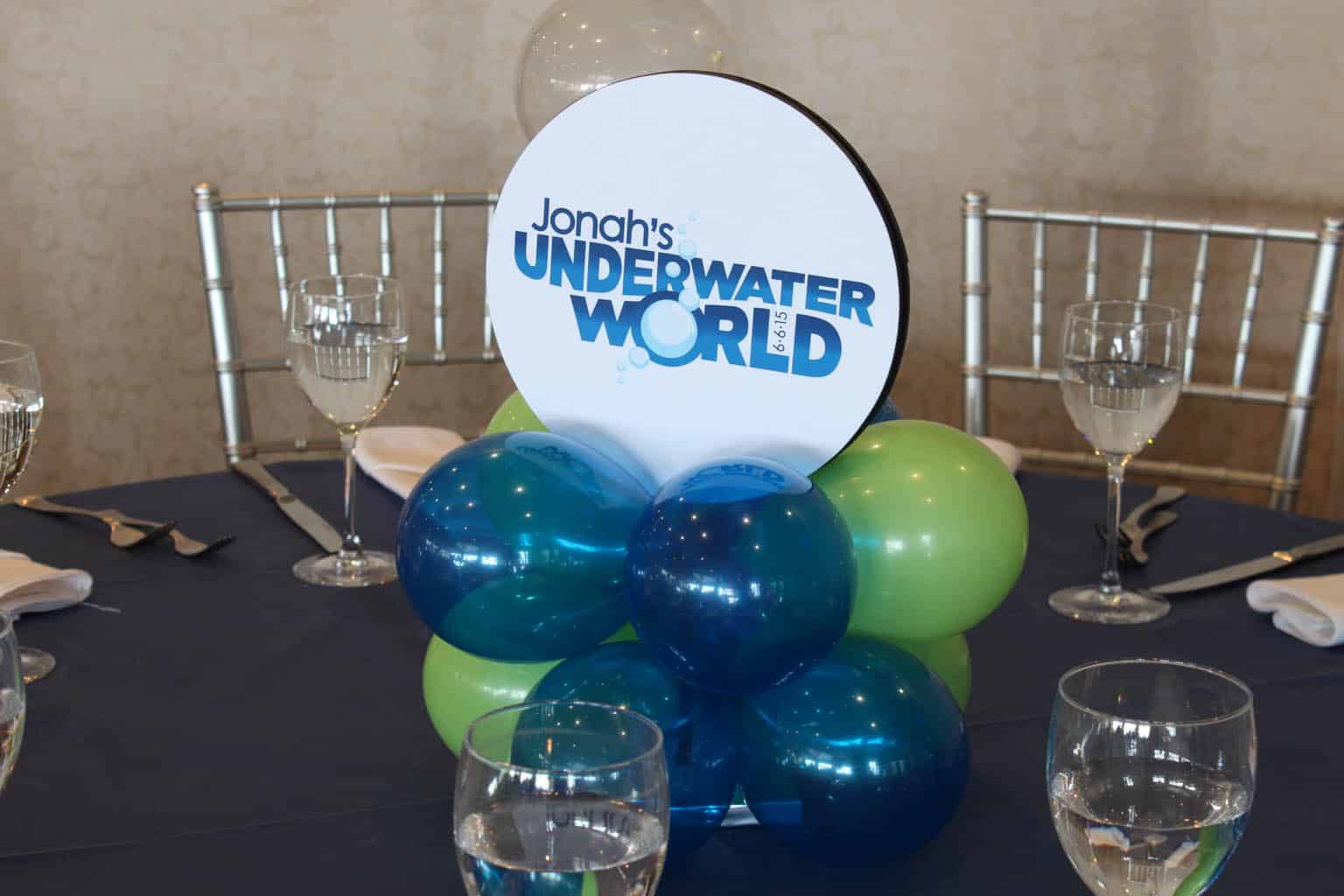 Lime Green and Blue Underwater Marble Balloon Centerpiece with Bubbles and Custom Logo