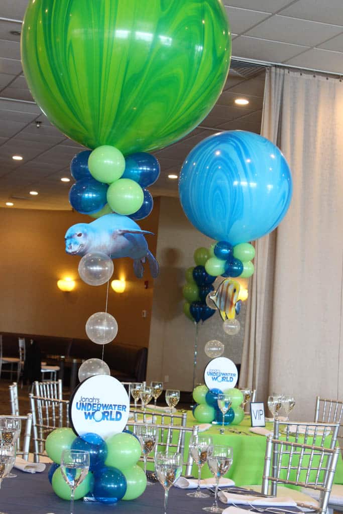 Lime Green and Blue Underwater Marble Balloon Centerpiece with Bubbles and Custom Logo