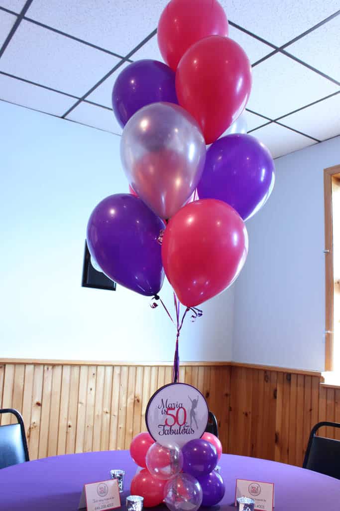Pink and Purple Balloon Centerpiece with Custom Logo for 50th Birthday