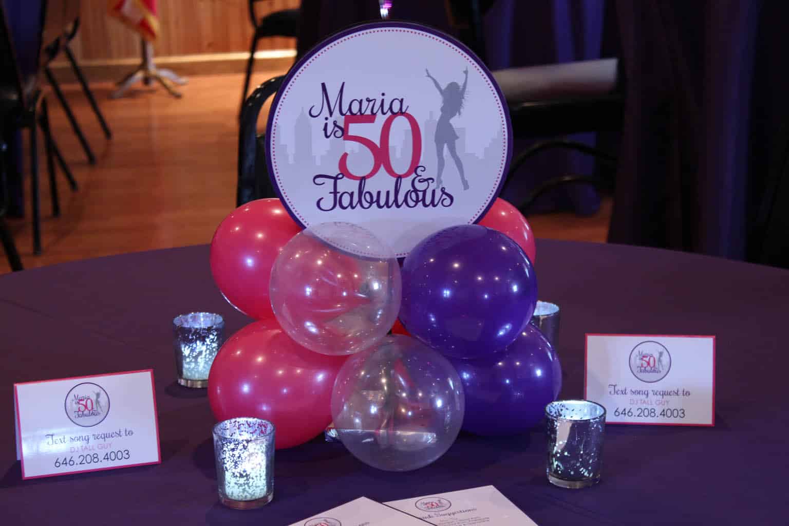 Pink and Purple Balloon Centerpiece with Custom Logo for 50th Birthday