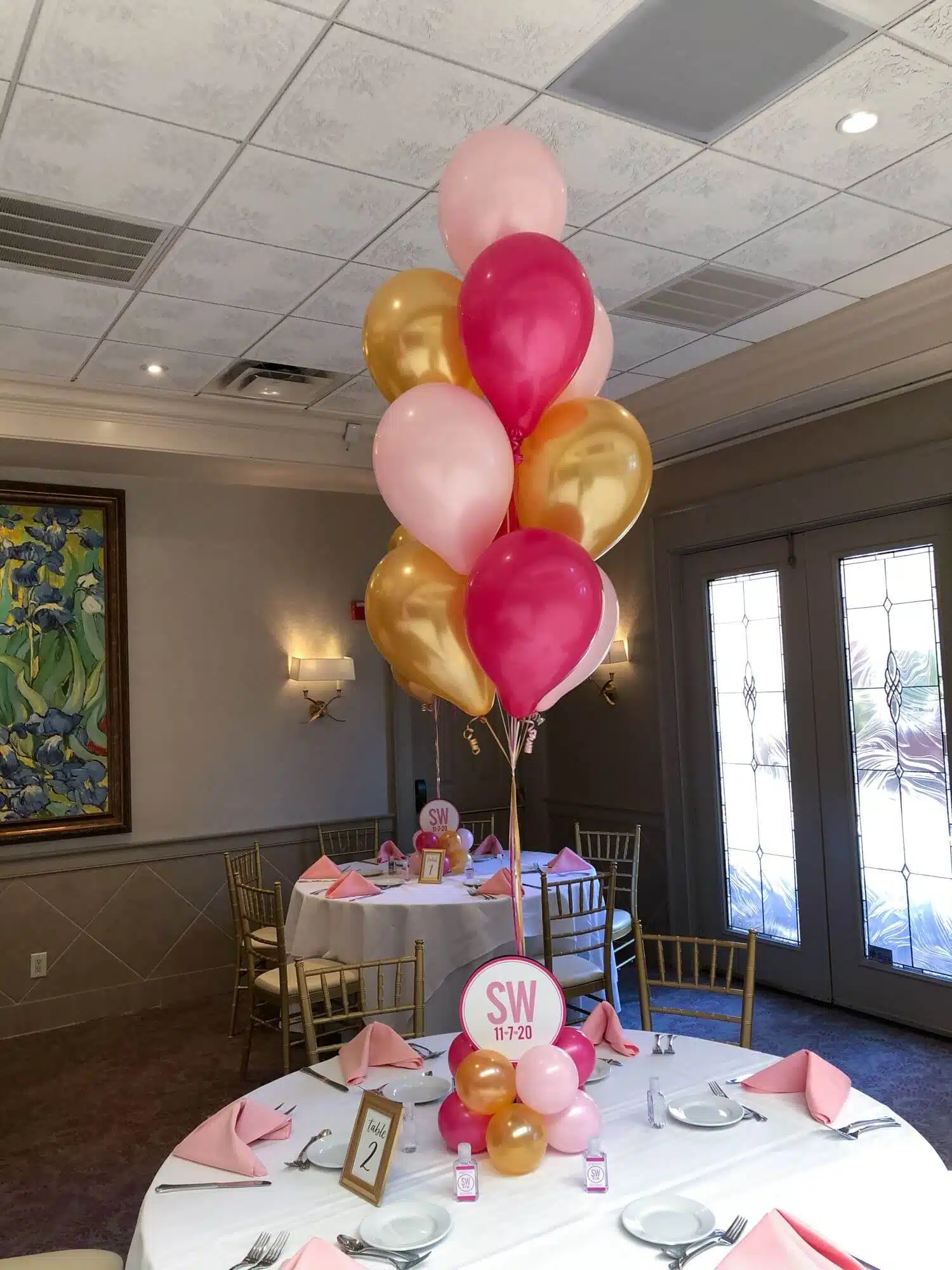 Pink and Gold Balloon Centerpiece with Custom Logo Base