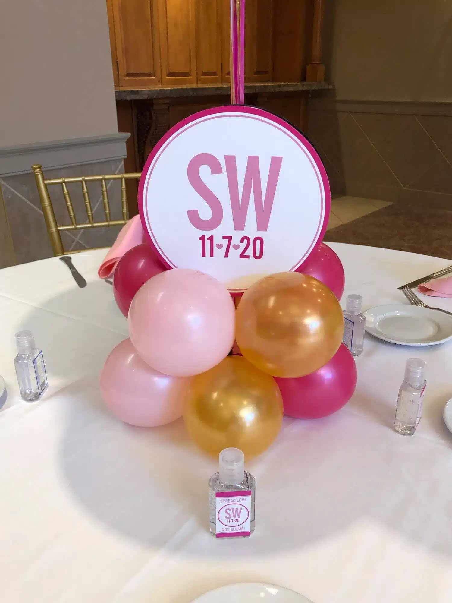 Pink and Gold Balloon Centerpiece Base with Custom Logo Cutout
