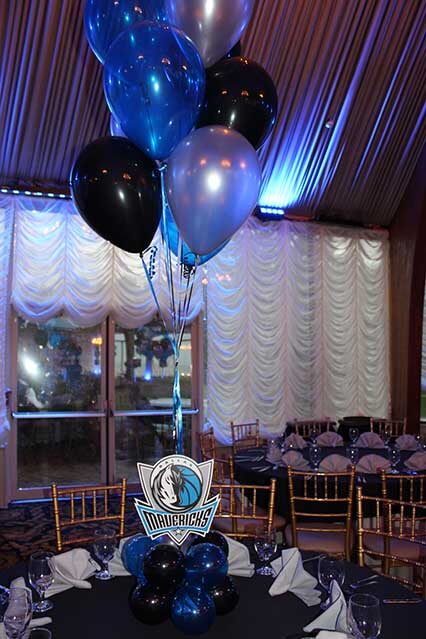Blue, Black and Silver Balloon Centerpiece with Balloon Base and Logo Cutouts