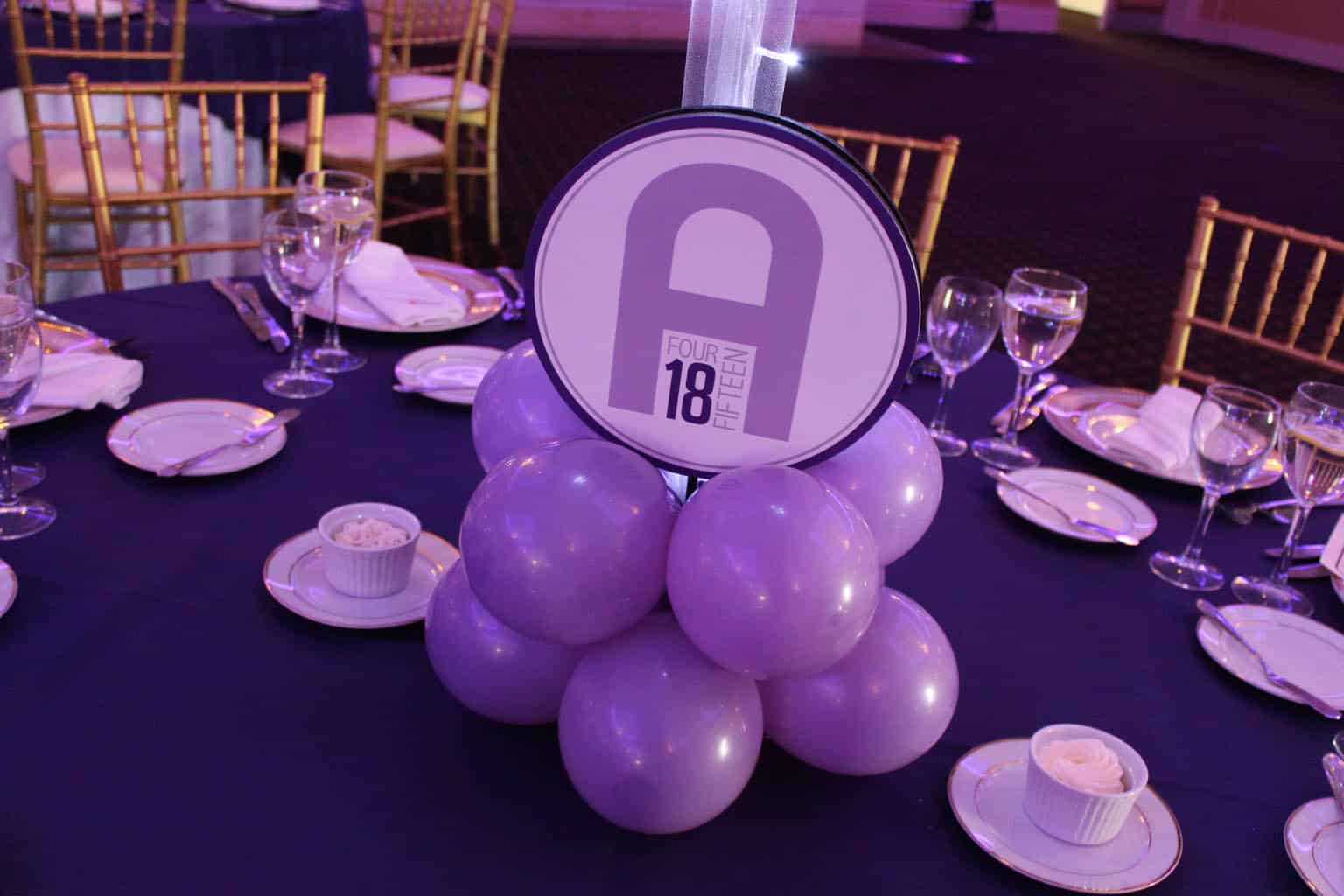Lavender and Purple Bat Mitzvah Balloon Centerpiece with Custom Logo Base