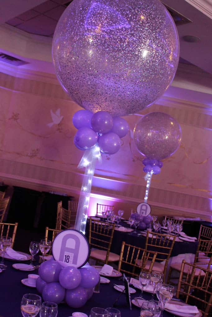 Lavender and Purple Themed Bat Mitzvah with Sparkle Balloon Centerpieces & Custom Logo Base