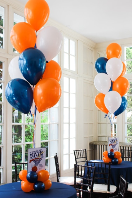 Orange, Navy and White Balloon Centerpiece with Custom Logo Sign and Balloon Base