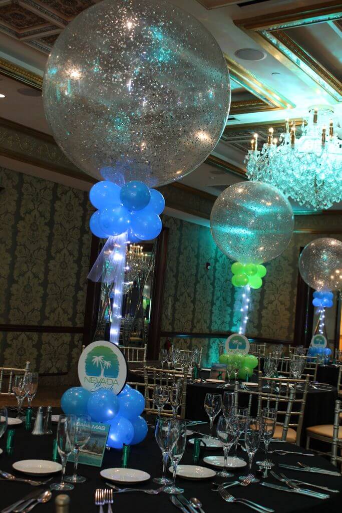 Turqoise and Lime Sparkle Balloon Centerpiece for Beach Themed Bat Mitzvah