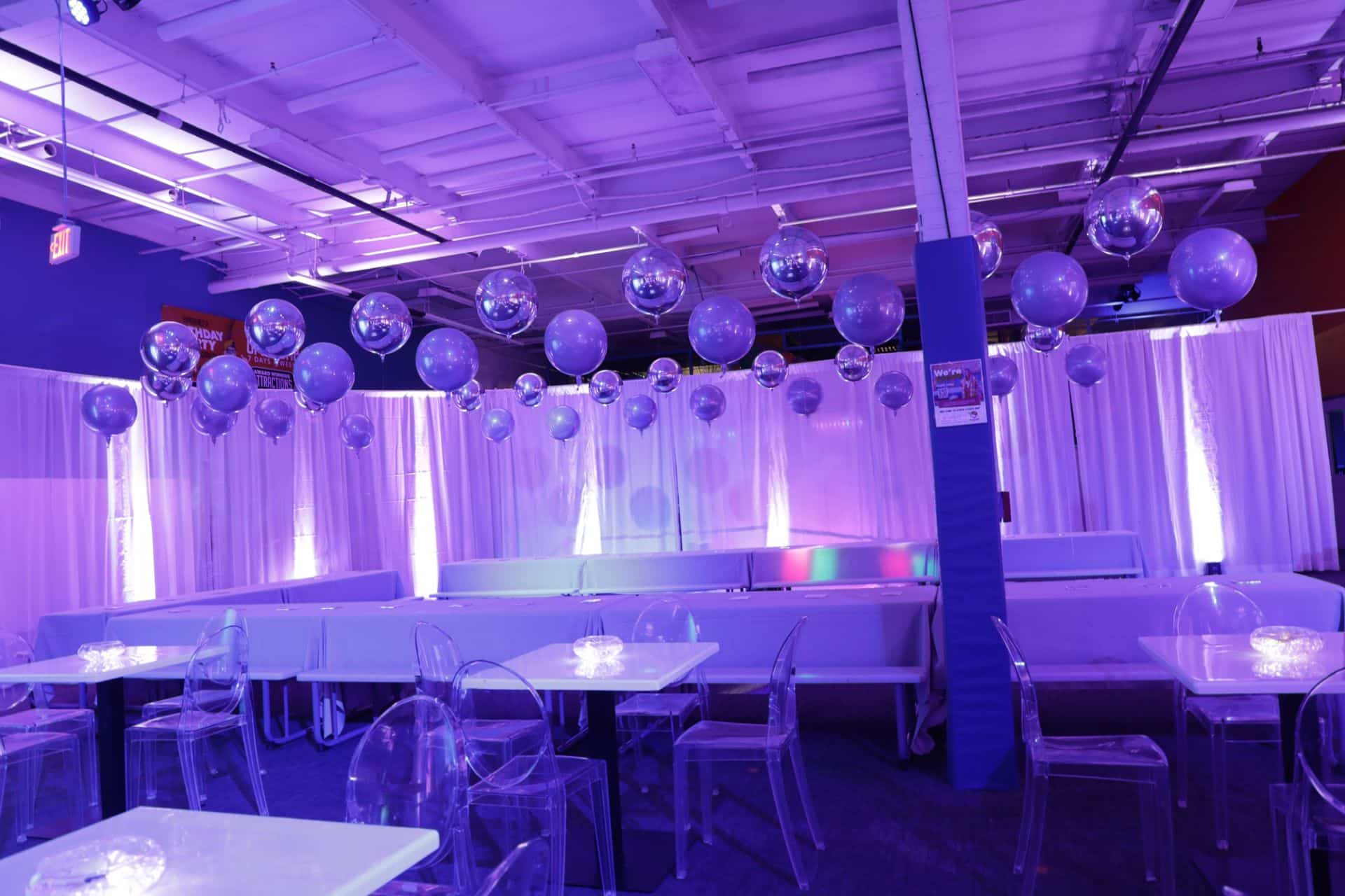 Lavender and Silver Metallic Orbz Balloon Scape at Urban Air
