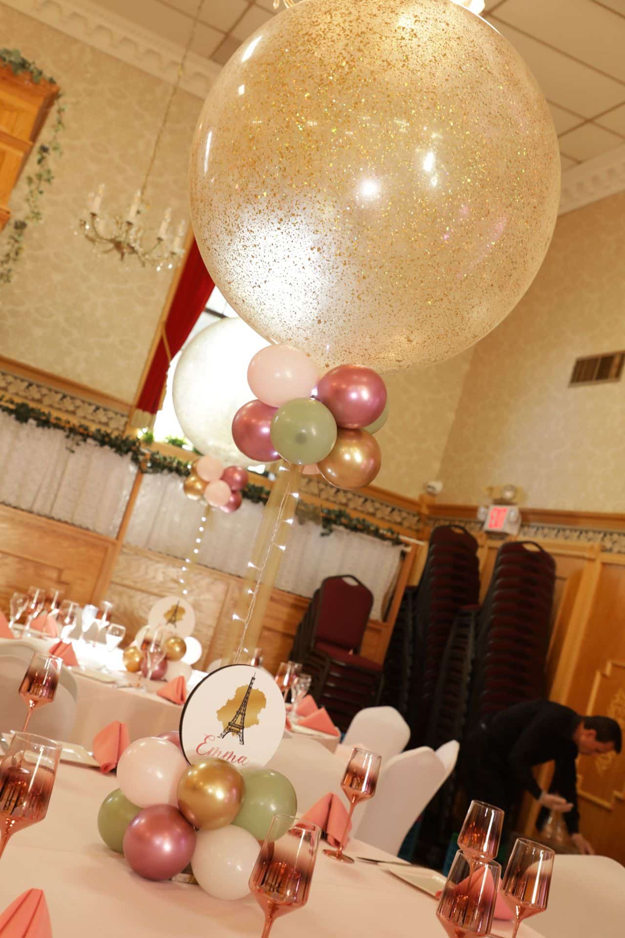 Gold Sparkle Balloon Centerpiece with Custom Logo for Paris Themed Bat Mitzvah