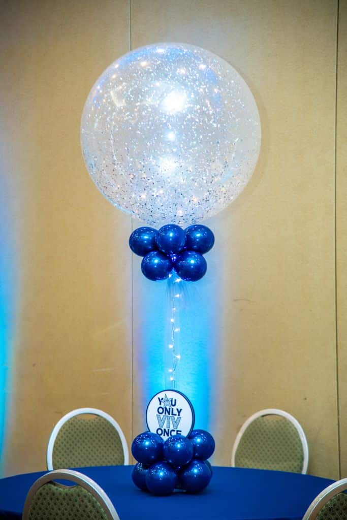 Navy and Silver Sparkle Balloon Centerpiece with Lights and Custom Logo in Base