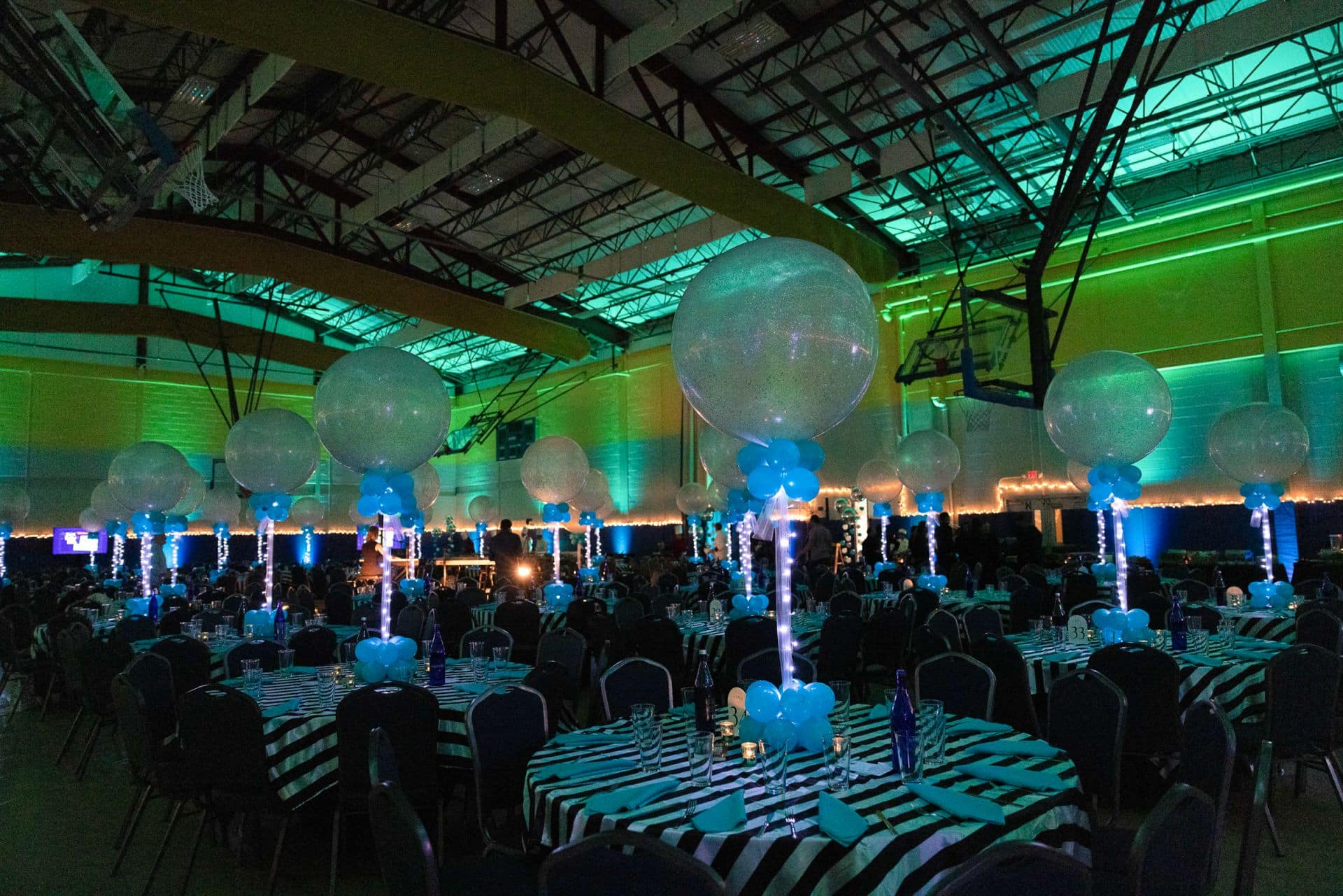 Tiffany and Silver Sparkle Balloon Centerpieces with Lights at the JCC, Rockland