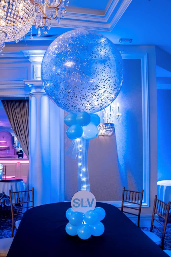 Pale Blue and Silver Sparkle Balloon Centerpiece with Lights and Custom Logo in Base