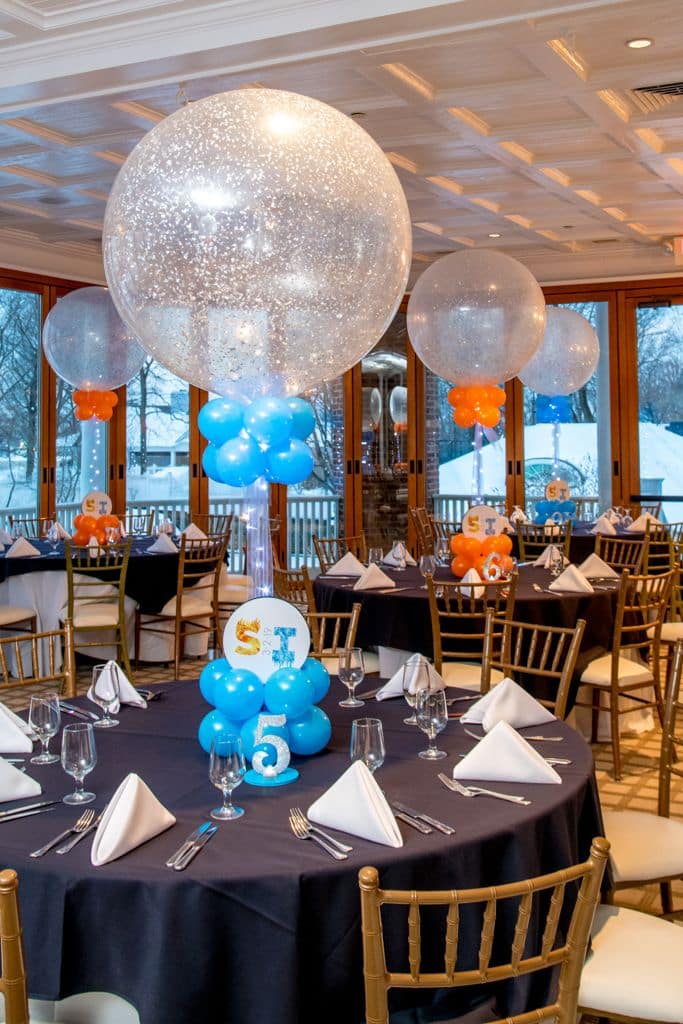Blue and Orange Fire and Ice Balloon Centerpieces with Custom Logo in Base