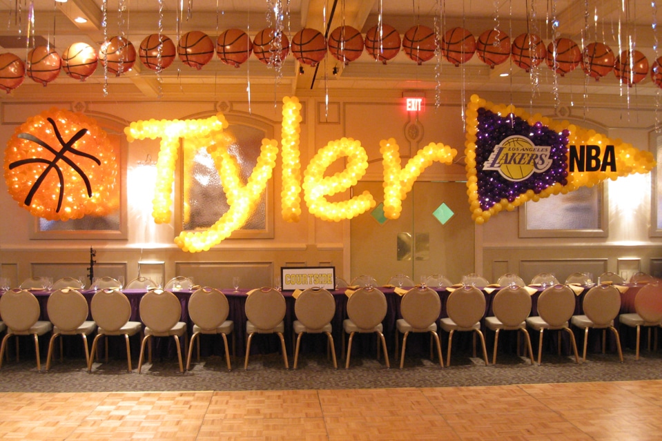 Name Balloon Sculpture with Lakers Balloon Pennant and Basketball Balloon Sculpture