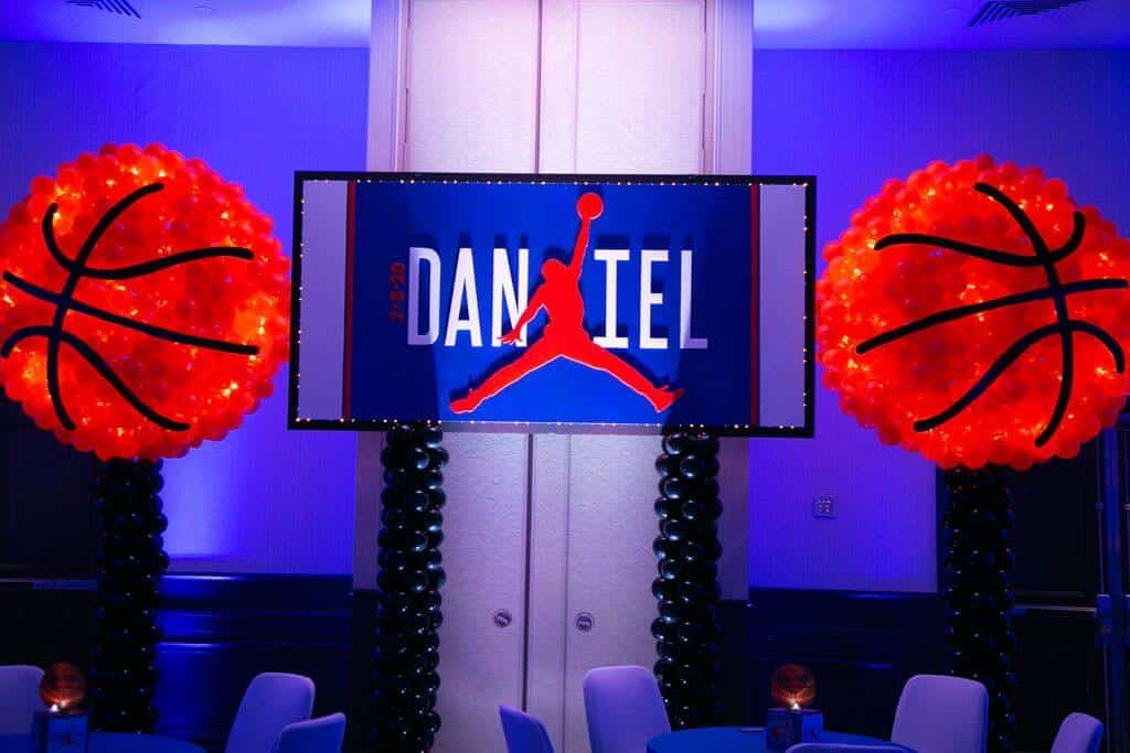 Custom Logo Backdrop and Basketball Balloon Sculptures with Lights for Basketball Themed Bar Mitzvah