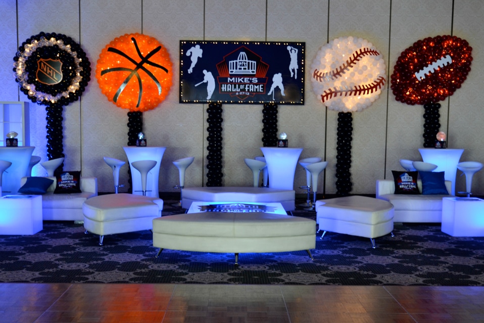 Hockey Puck, Basketball, Baseball and Football Balloon Sculpture with Lighting