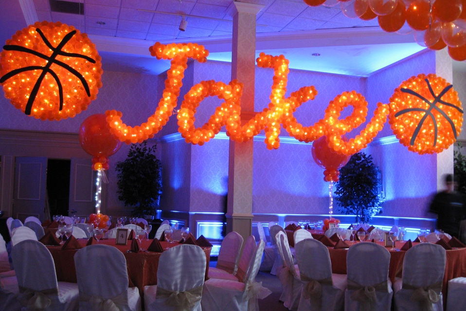 Basketball Balloon Sculptures and Name in Balloons with Lights