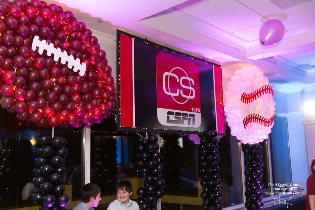 Football and Baseball Balloon Sculpture with Lights for ESPN Themed Bar Mitzvah at Elmood Country Club
