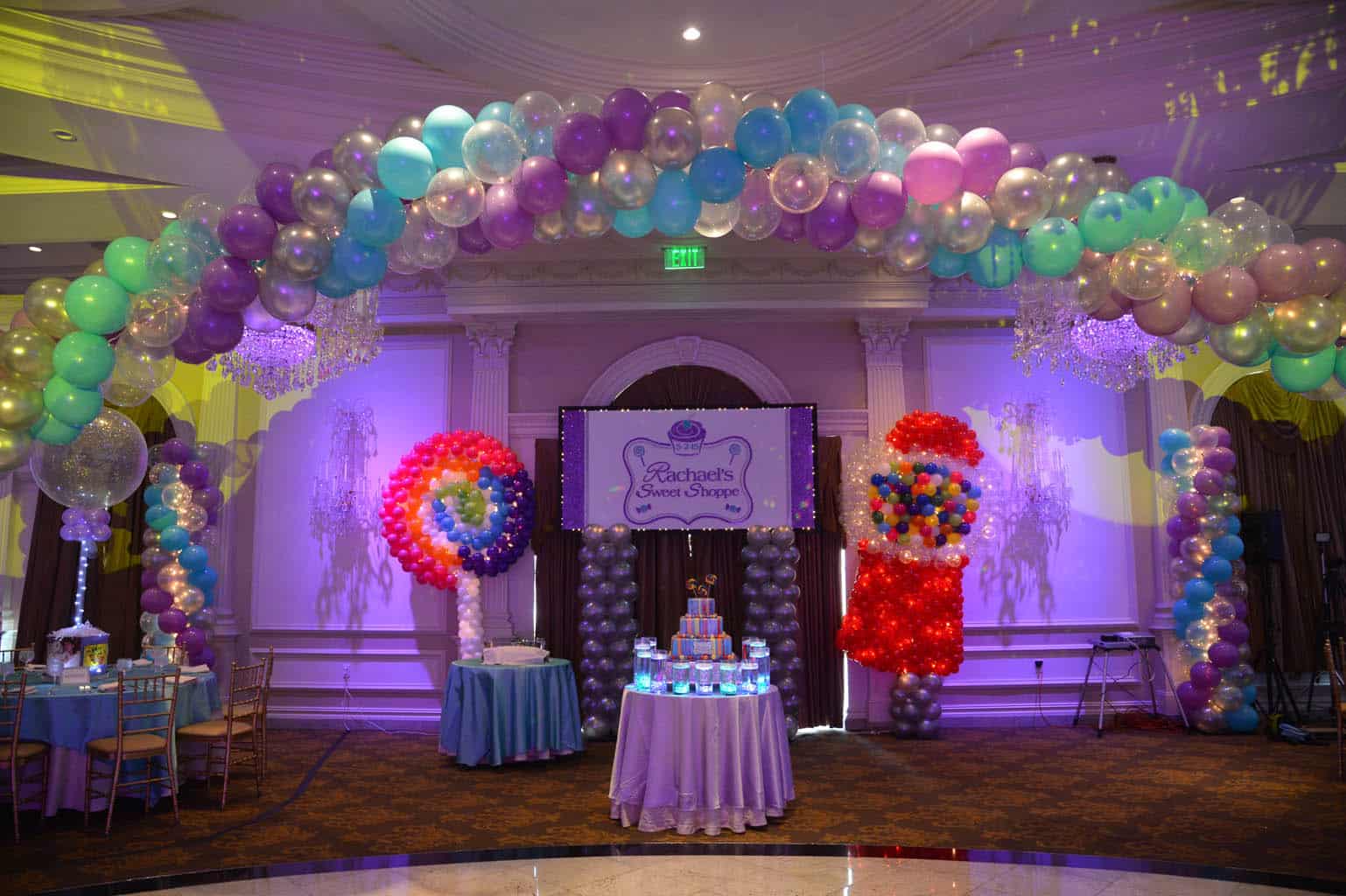Whirly Pop and Gumball Machine Balloons Sculptures for Candy Themed Bat Mitzvah