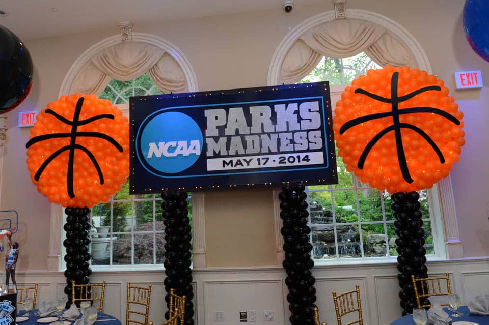 Custom Bar Mitzvah Logo Backdrop with Basketball Balloon Sculptures and Lights