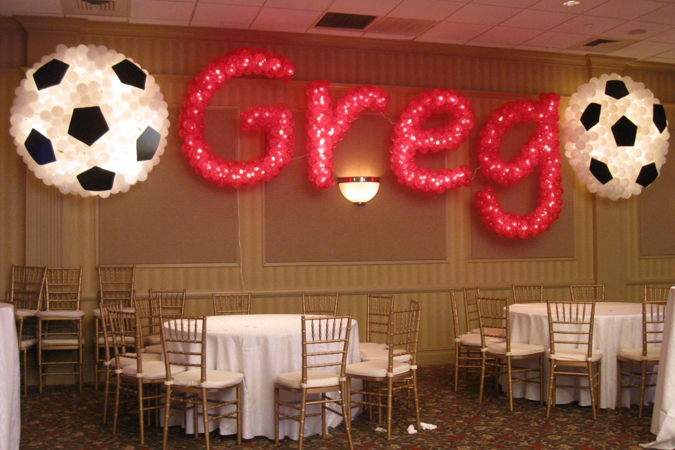 Soccer Balls Balloon Sculptures with Name in Balloons