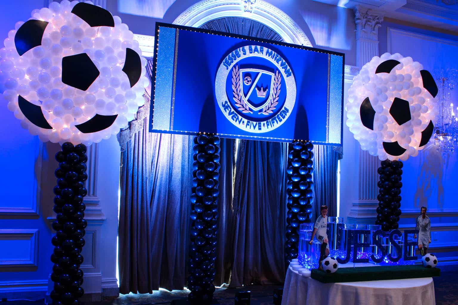 Soccer Themed Bar Mitzvah Backdrop with Soccer Balloons Sculptures and Lights