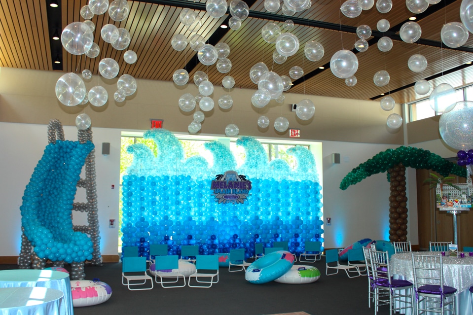 Balloon Wave Sculpture, Water Slide Balloon Sculpture and Balloon Palm Tree for Water Park Themed Bat Mitzvah