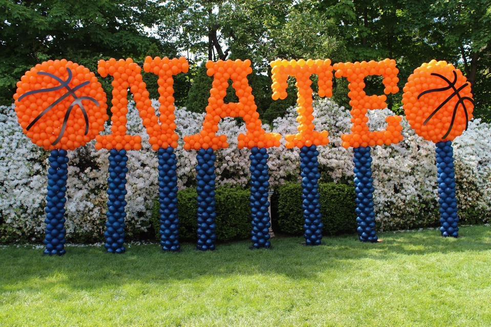 Outdoor Name in Balloons with Basketball Balloon Sculptures