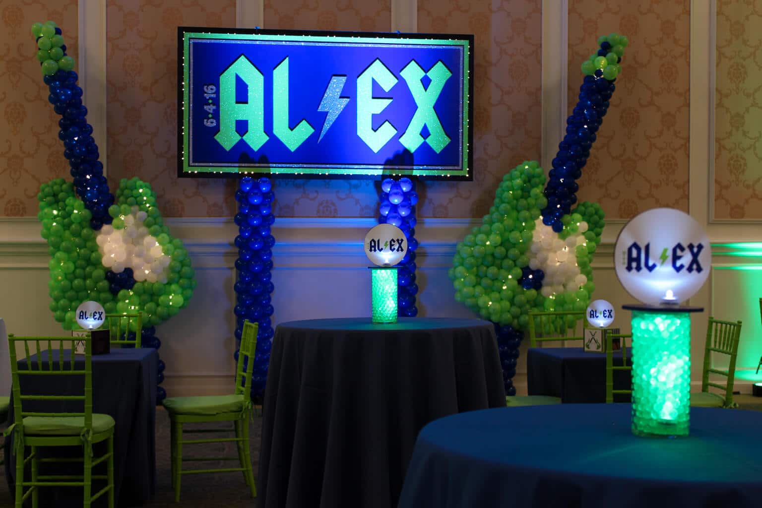 Guitar Balloon Sculptures and Custom Logo Backdrop for Music Themed Bar Mitzvah