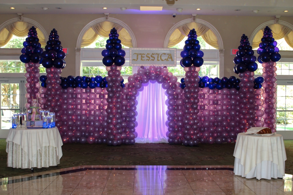 Lavender and Purple Balloon Castle with Custom Sign and Uplighting