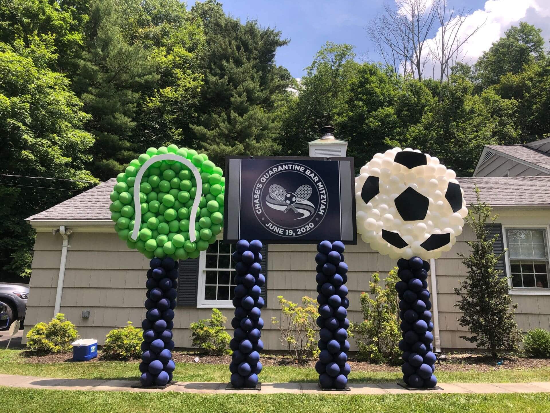 Tennis and Soccer Balloon Balloon Sculptures with Custom Logo Sign for Drive By Bar Mitzvah