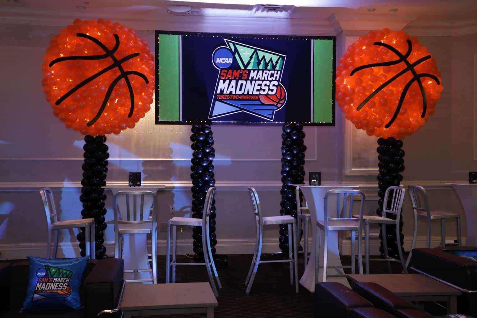 Custom Logo Backdrop and Basketball Balloon Sculptures with Lights for March Madness Themed Bar Mitzvah